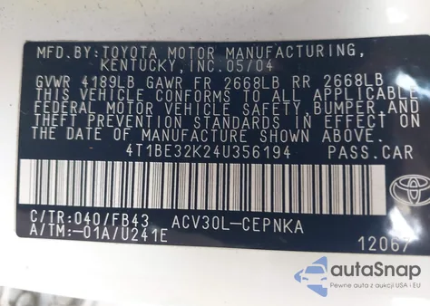 2004 Toyota Camry Le from USA, damaged, VIN 4T1BE32K24U356194